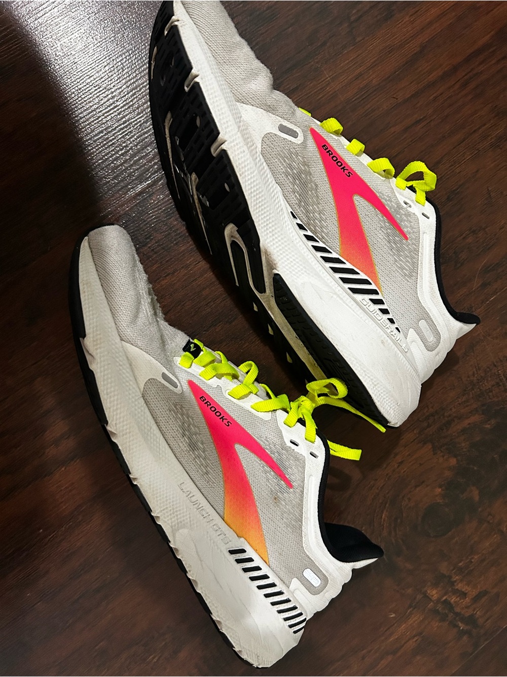 Brooks White Running Shoes with Pink and Neon Yellow Accents